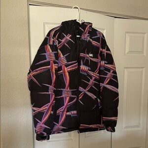 Black Puffer Jacket with Barbed Wire Design
